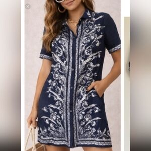 Max Studio London Women's Navy With White Floral Linen Blend Shirt Dress Tunic S
